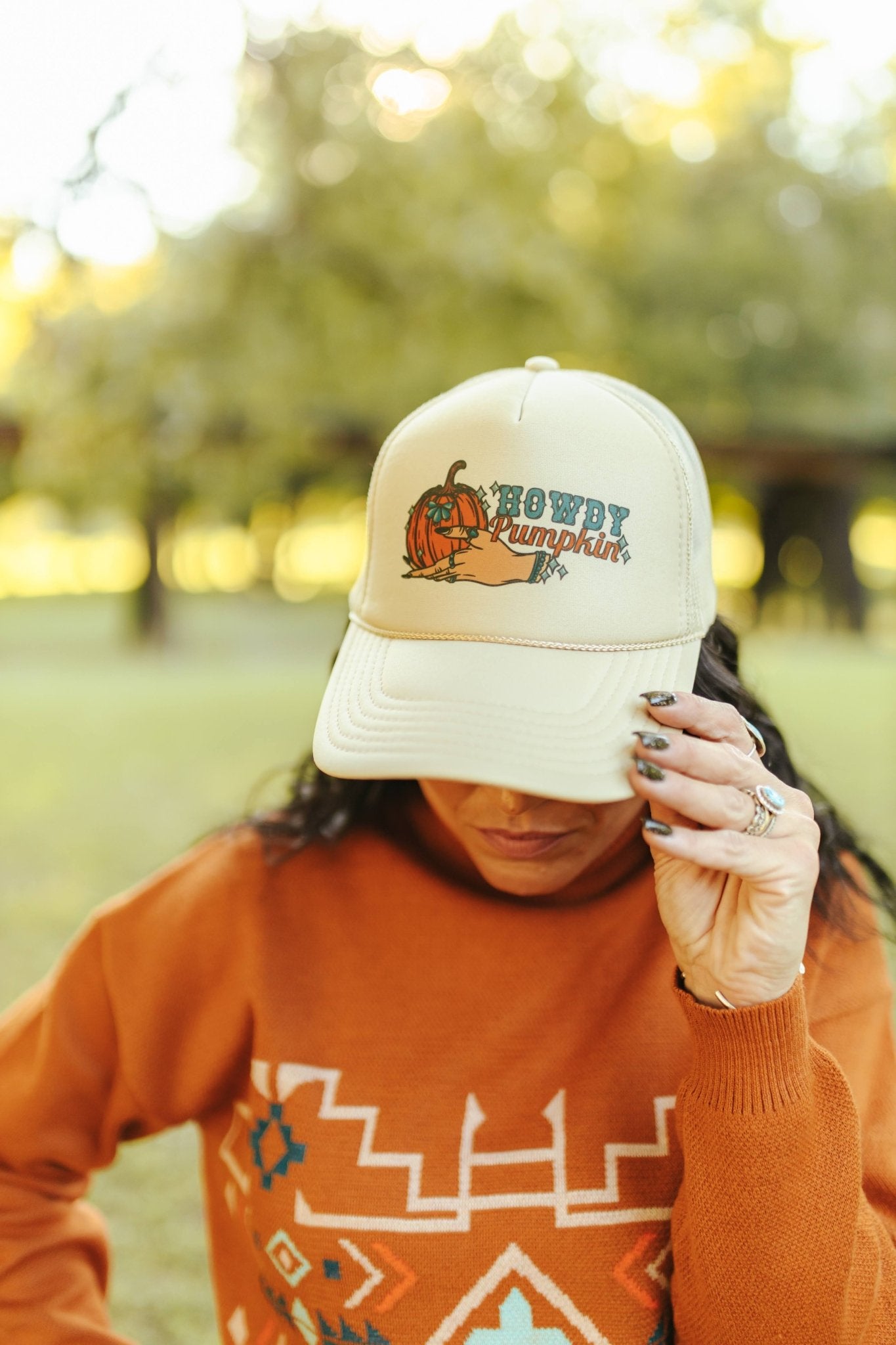 Howdy Pumpkin Turquoise Trucker HatTan