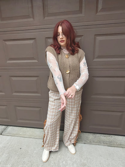 Plaid Print Tie Detail Casual Pants