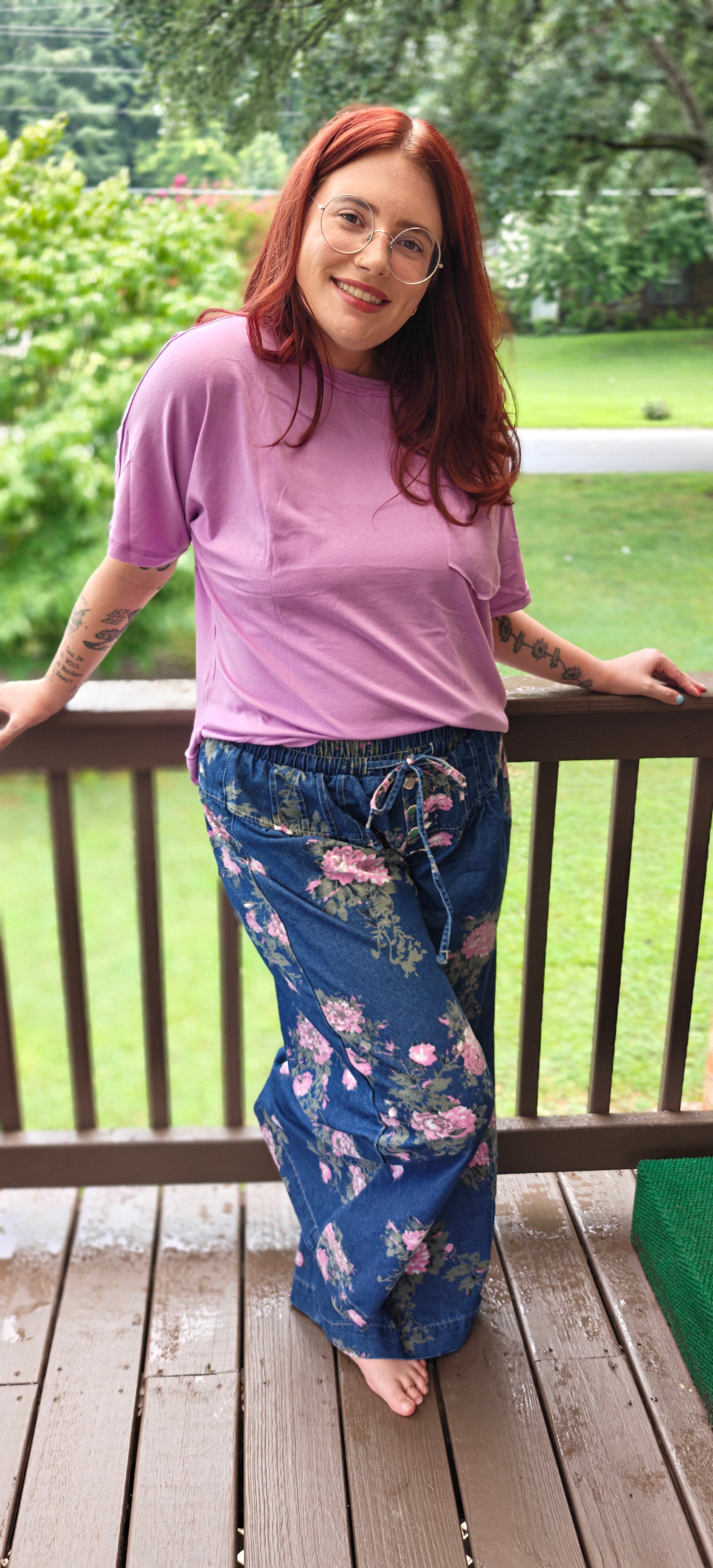 Blue Retro Floral Print Tie Elastic Waist Button Pintuck Wide Leg Jeans