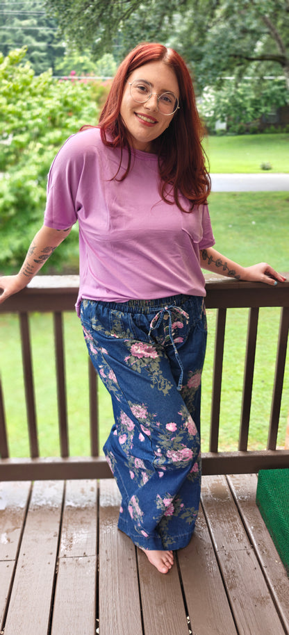 Blue Retro Floral Print Tie Elastic Waist Button Pintuck Wide Leg Jeans