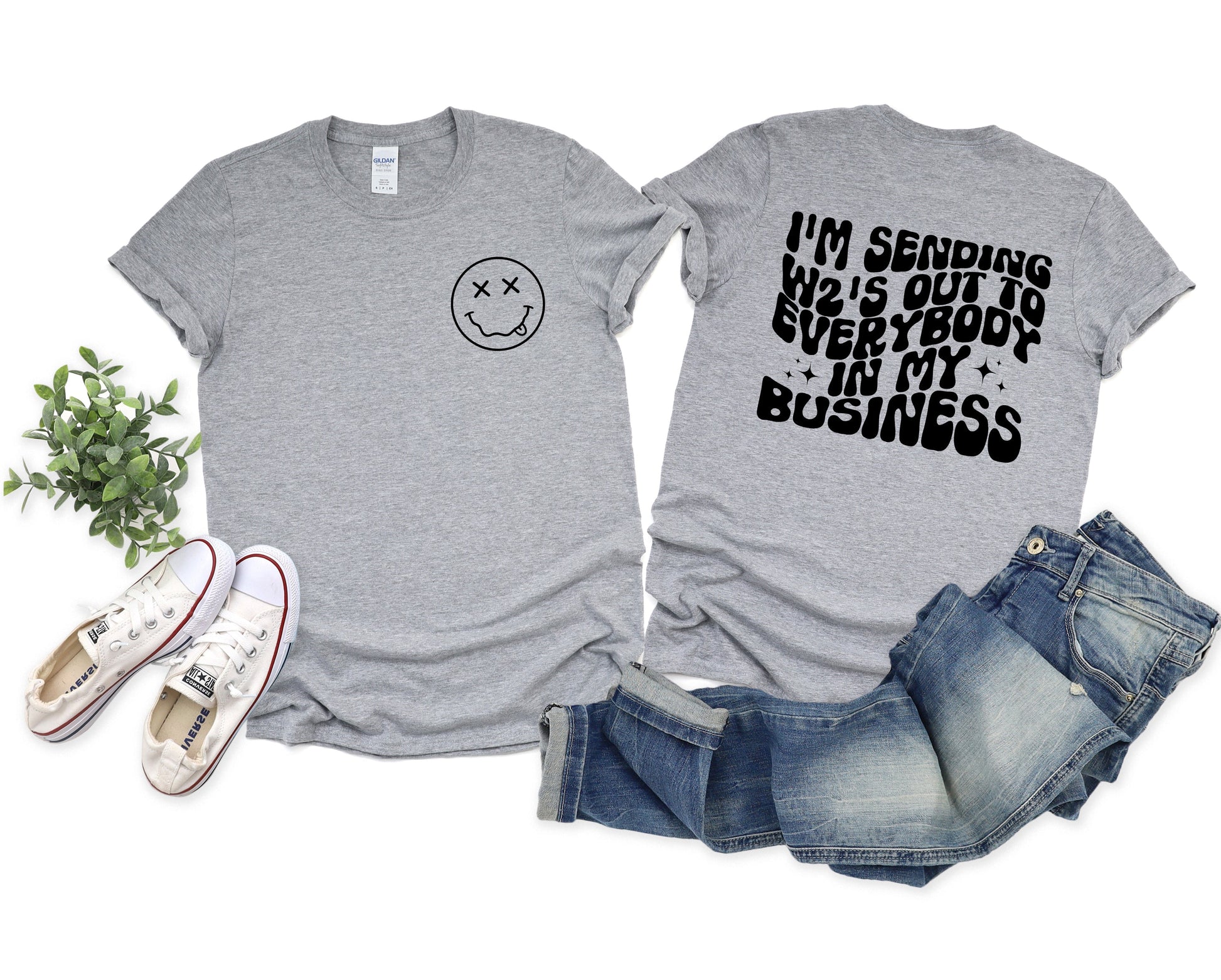 Wholesale Sending W2s Front & Back Print Graphic Tee - Grey Sweatshirt
