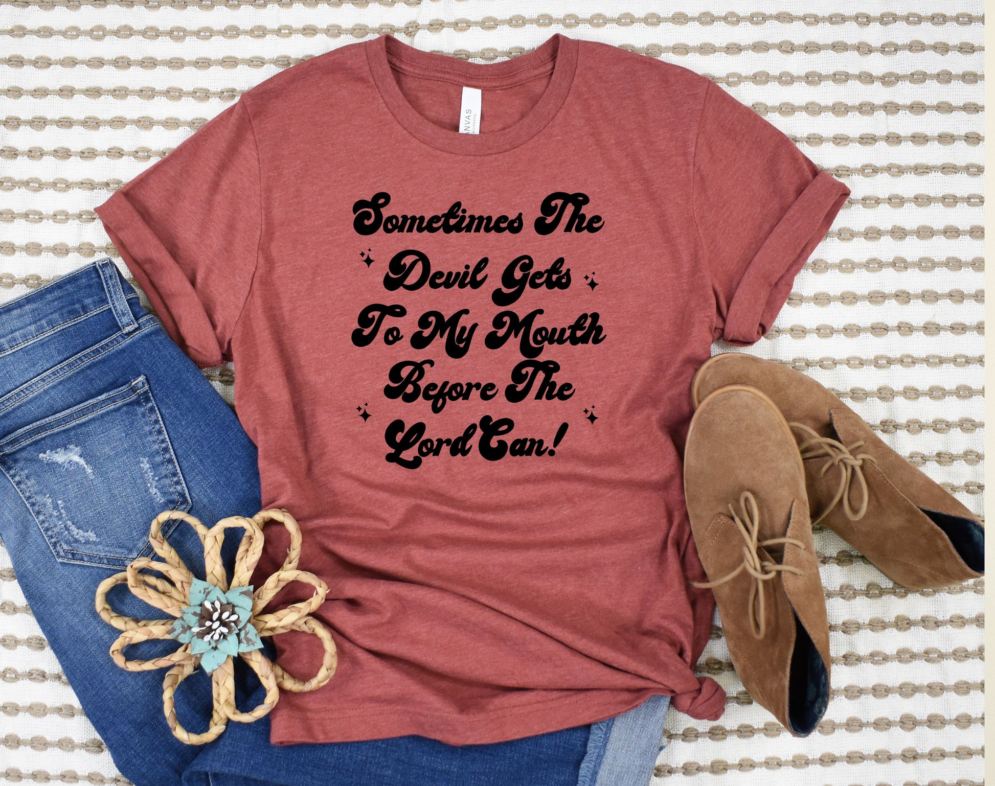 Wholesale Devil Gets to My Mouth Graphic Tee - Heathered Sand