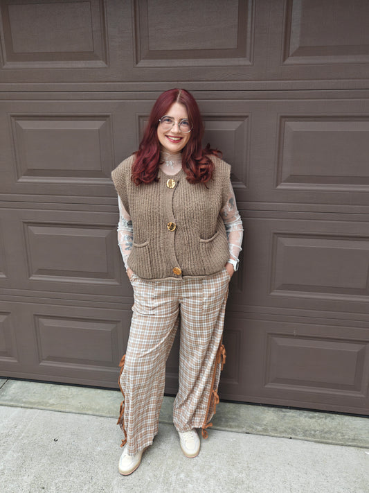 Plaid Print Tie Detail Casual Pants