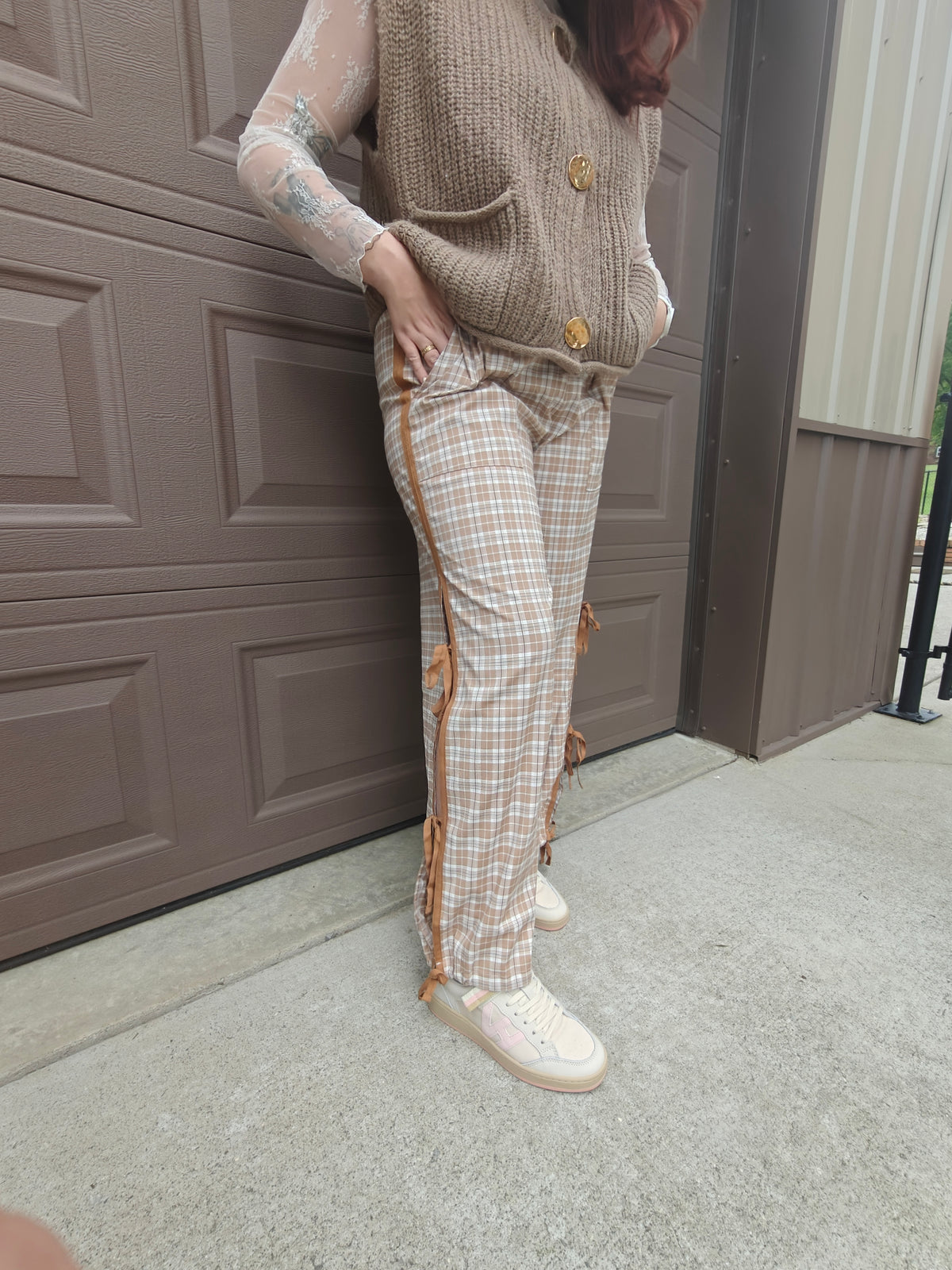 Plaid Print Tie Detail Casual Pants