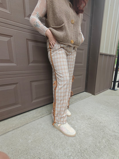Plaid Print Tie Detail Casual Pants